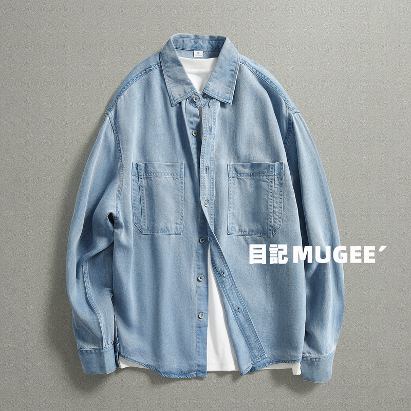 Men's Lyocell Autumn American Casual Retro Classic 3D Patch Pocket Turn-Down Collar Denim Shirt Men's Lyocell Autumn American Casual Retro Classic 3D Patch Pocket Turn-Down Collar Denim Shirt