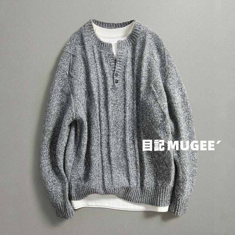 Eye-Catching [3D Knotted Design] Autumn/Winter Vintage Old Money Style Henley Collar Pullover Long Sleeve Knitted Sweater for Men