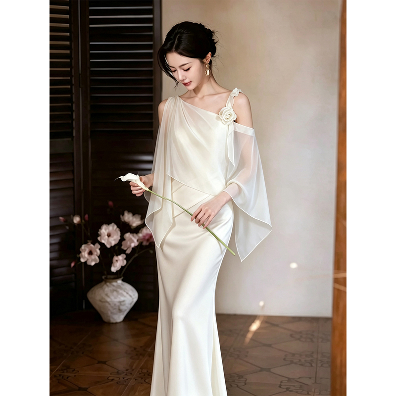 White Engagement Dress for Women, Casual High-End Slim-Fit Date Dress with Elegant One-Shoulder Design and Stunning Flowing Tulle White Engagement Dress for Women, Casual High-End Slim-Fit Date Dress with Elegant One-Shoulder Design and Stunning Flowing Tulle