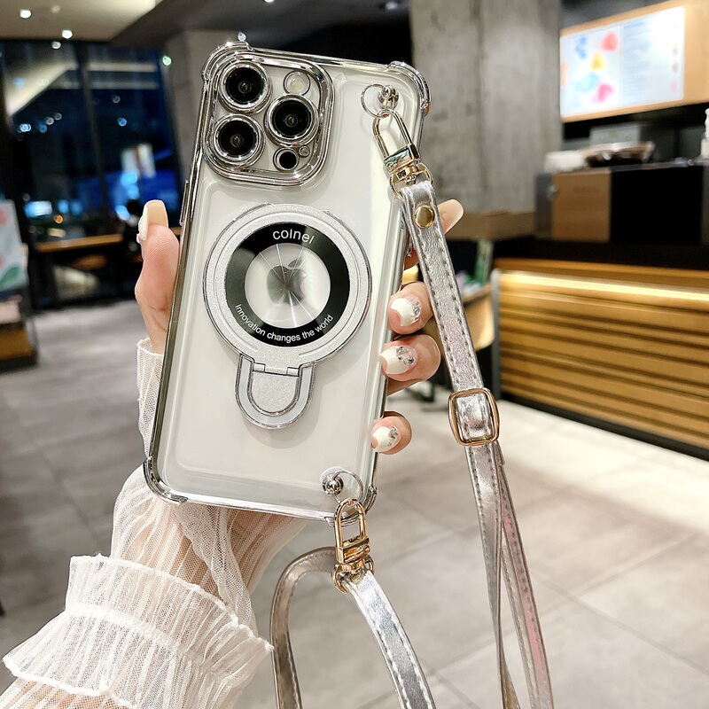 Magnetic Stand Compatible with Apple 15 Pro Max Phone Case, Four-Corner Airbag Anti-Drop, Can Be Worn Crossbody, 13 Pro Max Strap Lanyard, 12 Pro/17 with Lens Film, 14 Pro Max Women's Model