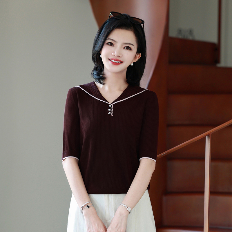 Maple Island Navy Collar Knitted Mid-Sleeve Top for Women 2026 Autumn New Ribbed Striped Slimming Elegant Thin Base Shirt Maple Island Navy Collar Knitted Mid-Sleeve Top for Women 2026 Autumn New Ribbed Striped Slimming Elegant Thin Base Shirt
