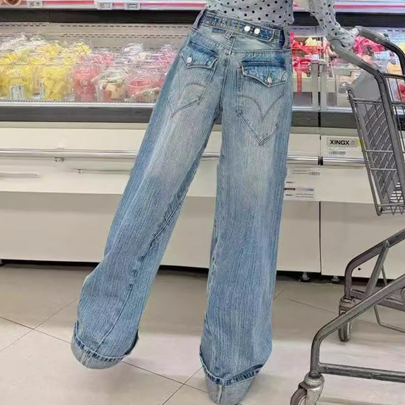 High Street American Retro Paris Buckle Bamboo Pattern Straight-Leg Jeans for Women, Summer Thin High-Waisted Loose Wide-Leg Pants