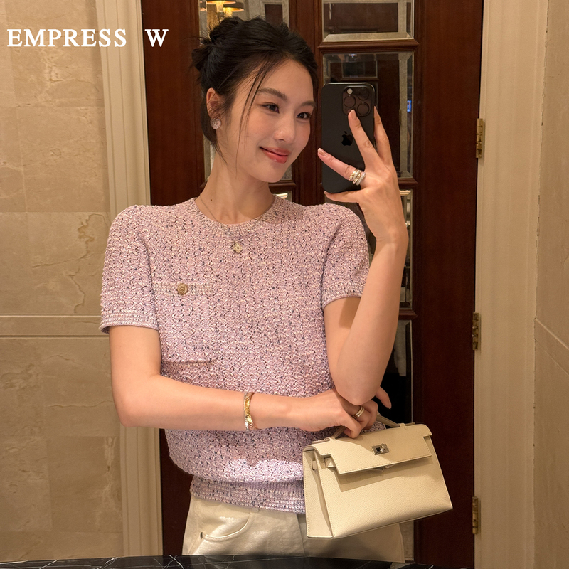 New Color - Baby Blue, "Southern French Summer Style, Small Chanel-Style Cable Knit Round Neck Short Knit Top with Short Sleeves