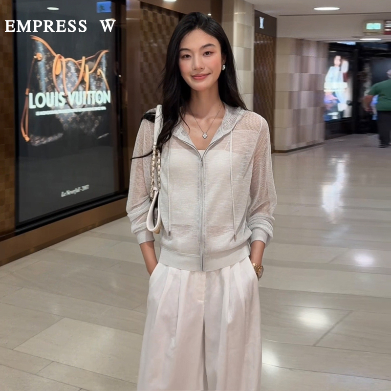 Empress W Relaxed Elegant Ultra-Fine Linen Hollow-Out Hooded Zip-Up Jacket/Small Cardigan Empress W Relaxed Elegant Ultra-Fine Linen Hollow-Out Hooded Zip-Up Jacket/Small Cardigan