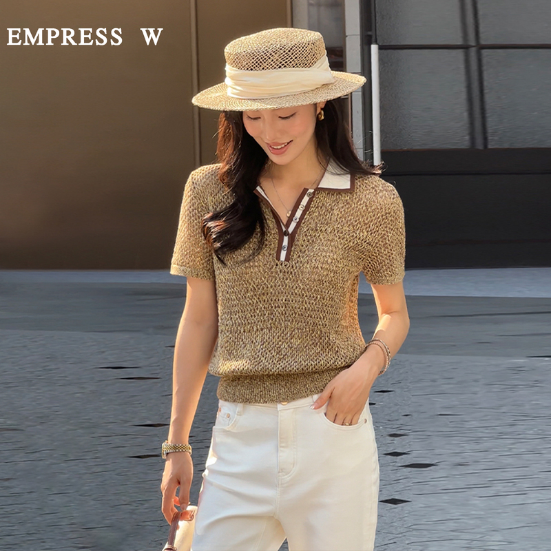 New Polo Collar Floral Yarn Gold Coffee & Triangle Logo Knitwear + Hollow-Out Age-Reducing Pure White Short-Sleeve Knitwear