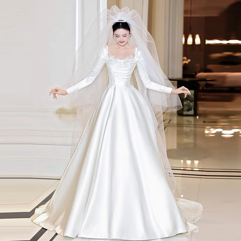 Wedding Dress for the Bride, Satin French-Style Long-Sleeve Light Winter Wedding Reception Gown, Outdoor Wedding Dress, Forest Style 2025