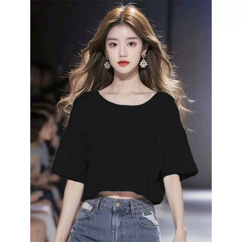 Black Short-Sleeved T-Shirt with a Large Neckline, 2024 New Summer Style, Cool and Edgy, Minimalist and Sophisticated Top