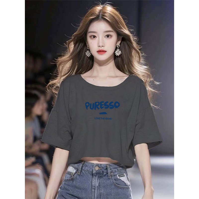 Large Neckline Pure Cotton Short Loose Crop Top Short-Sleeve T-Shirt Simple Solid Color High-Waisted Drop Shoulder Sleeve Korean Style Casual Top