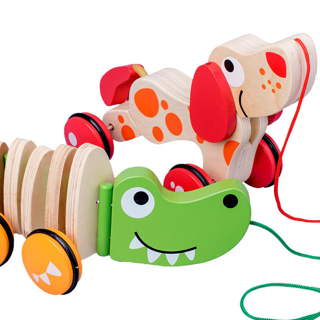 Cross-border kindergarten educational puppy crocodile hand pull rope animal toy car infant and child wooden tractor