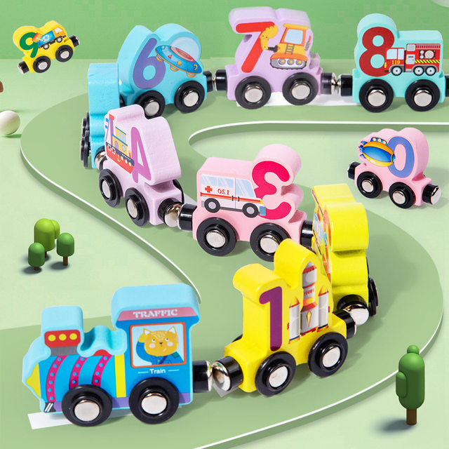 Wooden Children's Educational Magnetic Number Train Toy with Magnetic Puzzle Car for Early Education and Enlightenment