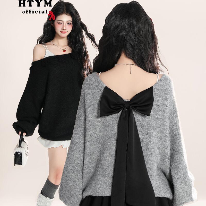 Htym Tipsy Night Mohair Soft Bow Knit Sweater Women's Spring Niche Off-Shoulder Top