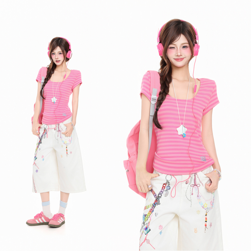 Htym Sweet Style Dopamine Pink Striped Right-Shoulder U-Neck Short-Sleeved T-Shirt for Women, Summer Elastic Slimming Casual Top