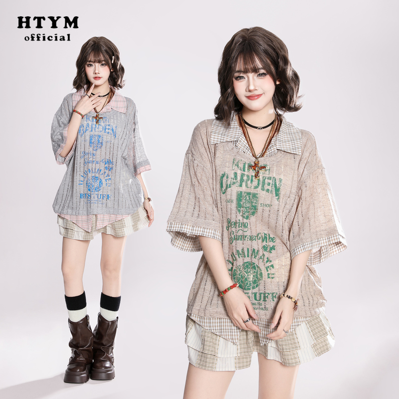 Htym Letter Print Hollow-Out Fake Two-Piece Short-Sleeve T-Shirt for Women, Summer Polo Collar Blouse, College Style Loose Shirt