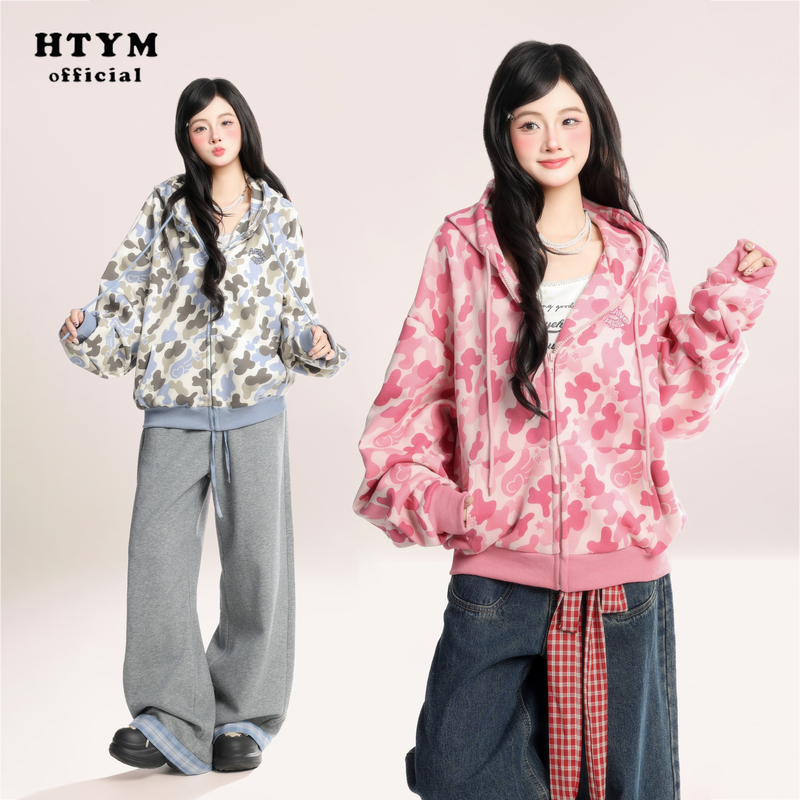 Htym American Retro Camouflage Print Hooded Cardigan Sweatshirt for Women, Spring Loose Casual Versatile Hoodie Jacket Trendy