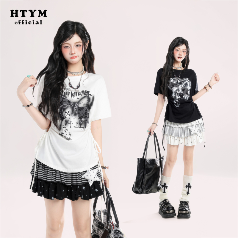 Htym Light Sweet Cool Butterfly Graffiti Print Short-Sleeve T-Shirt for Women, New Summer Style, Trendy Drawstring Slim-Fit Top