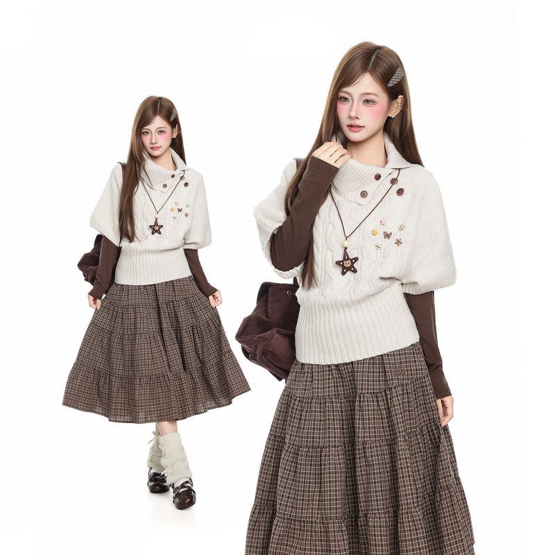 Htym Korean Style Irregular Lapel Batwing Sleeve Knit Sweater for Women, Autumn Mid-Sleeve Cape Layered Top ins Htym Korean Style Irregular Lapel Batwing Sleeve Knit Sweater for Women, Autumn Mid-Sleeve Cape Layered Top ins