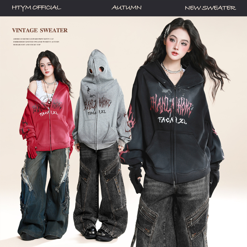 Htym American-Style Distressed Detachable Glove-Mask Hooded Sweatshirt for Women, Autumn Trendy Brand Loose-Fitting Couple's Jacket
