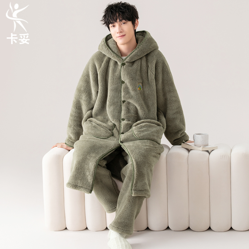 Men's Pajamas, Winter Coral Velvet Hooded Pajamas, Autumn and Winter Thickeneded Velvet Long Flannel Home Clothes Set Men's Pajamas, Winter Coral Velvet Hooded Pajamas, Autumn and Winter Thickeneded Velvet Long Flannel Home Clothes Set