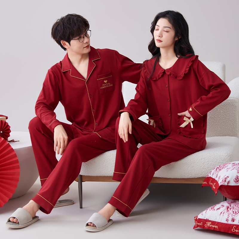 Red Couple Pajamas for Women, Spring and Autumn New Style, Pure Cotton, Wedding, Newlywed, Festive, Princess Style, Home Wear, Men's Set