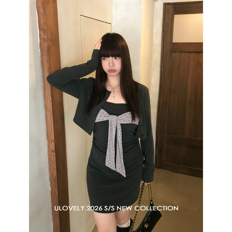 Ulovely "Berlin Twilight" Plus-Size Korean-Style Patchwork Polka Dot Tie Dress/Cardigan Large Size Set