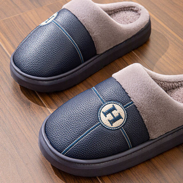 Autumn and Winter Indoor and Outdoor Men's Pu Leather Fleece-Lined Thick-Soled Warm Waterproof Non-Slip Extra-Large Size Cotton Slippers