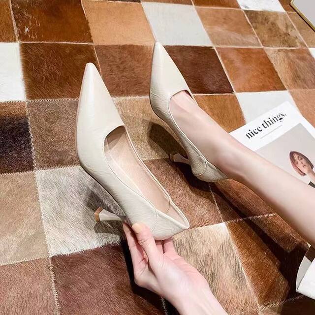 High-Heeled Shoes for Women, New Style, Soft Leather, Comfortable for Feet, Professional Work Shoes, Pointed Toe, Interview Etiquette Shoes, 2024