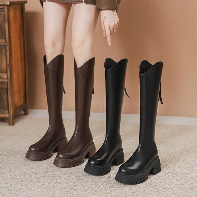 V-Cut Women's Boots for Petite Riders, 2023 Autumn and Winter New French-Style Round-Toe Back-Zip Over-The-Knee High Boots
