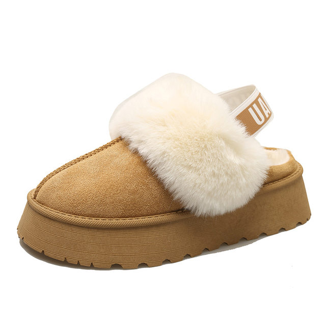 Thick-Soled Closed-Toe Furry Slippers for Women, Autumn and Winter, Plush-Lined, Large Size, 2024 New Model, Snow Cotton Shoes, Comfortable for Home Use
