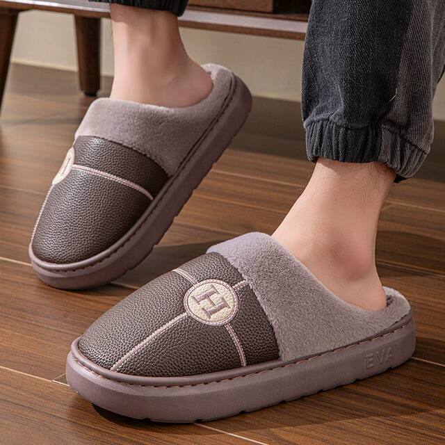 Autumn and Winter Indoor and Outdoor Men's Pu Leather Fleece-Lined Thick-Soled Warm Waterproof Non-Slip Extra-Large Size Cotton Slippers