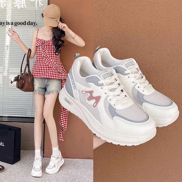 Fashionable and Versatile Korean-Style Thick-Soled White Sneakers for Women, 2025 Summer New Model, Mesh Breathable Comfortable Casual Sports Shoes