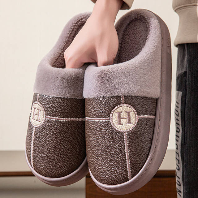 Autumn and Winter Indoor and Outdoor Men's Pu Leather Fleece-Lined Thick-Soled Warm Waterproof Non-Slip Extra-Large Size Cotton Slippers