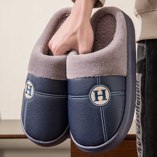 Autumn and Winter Indoor and Outdoor Men's Pu Leather Fleece-Lined Thick-Soled Warm Waterproof Non-Slip Extra-Large Size Cotton Slippers