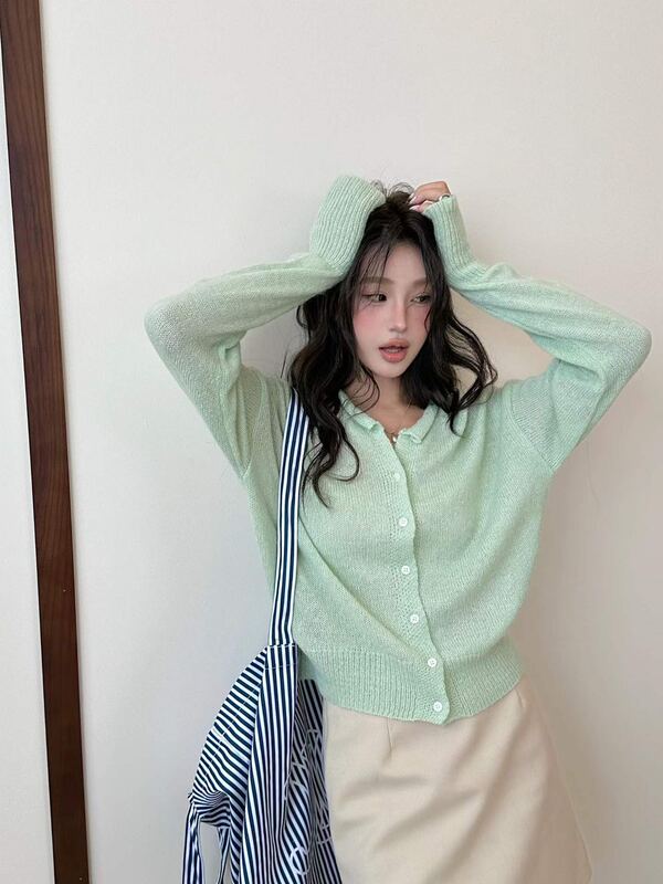 Mialuna2026 Early Autumn Korean Style Gentle Rolled Lapel Knitted Cardigan