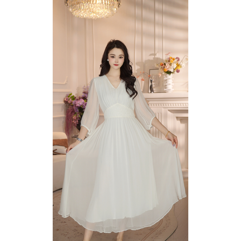 [Snow White] New 26 Fairy-Like White Tone Gentle Style Long Dress That Covers the Body, Makes You Look Slimmer and Whiter, Date Dress