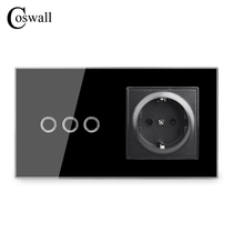157*86 black touch switch socket three-way combination European standard USB tempered glass induction LED switch