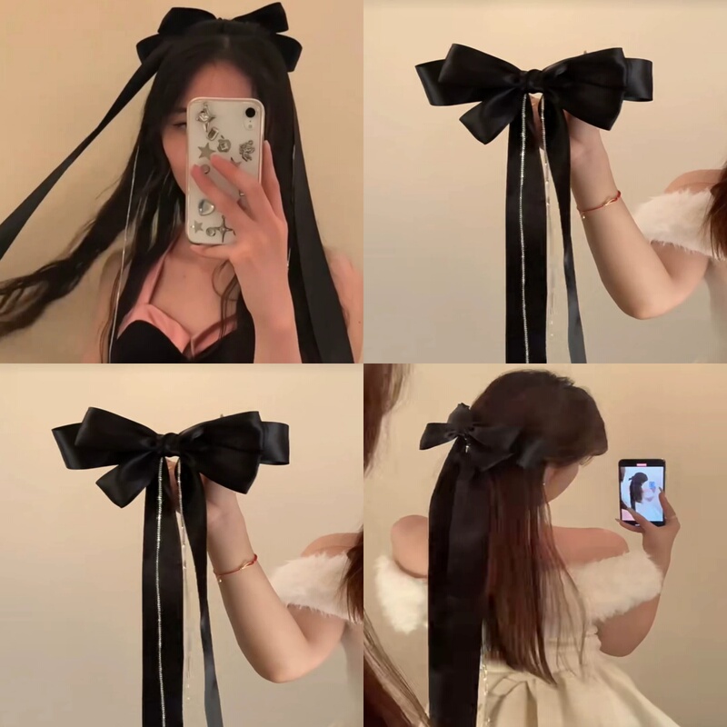 Korean-Style Black Satin Ribbon Large Bow Hairpin for Women, Long Streamer Back-Of-Head Hair Clip, Spring Clip Hair Accessory, Top Clip Headpiece Korean-Style Black Satin Ribbon Large Bow Hairpin for Women, Long Streamer Back-Of-Head Hair Clip, Spring Clip Hair Accessory, Top Clip Headpiece