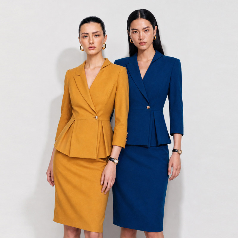 ＜Acetate Blend＞Sensebymei Workplace Uniform Ginger Yellow/Royal Blue Fake Two-Piece Suit Dress