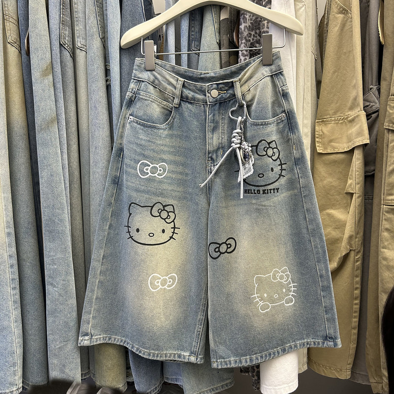 Original American-Style Hello Kitty Embroidered Capri Jeans for Women, New Summer Loose Design Mid-Length Pants