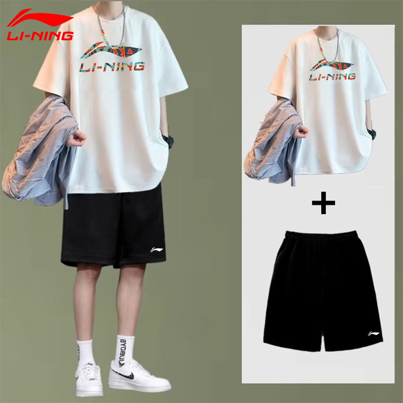 Li Ningスポーツスーツメンズ新しい夏カジュアル半袖ショートパンツツーピーススーツユース速乾性ゆったりスポーツウェア