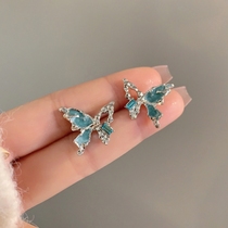 925 Silver Needle Sweet Cool Wind Hollowed-out Blue Butterfly Earrings Lukewarm Wind Ear Decoration Little Crowddesign 100 Hitch Out