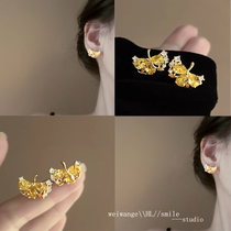 Ginkgo Golden Autumn shimmer French ginkgo leaf super flash zircon commuter temperament earrings ear clip earrings high-end women