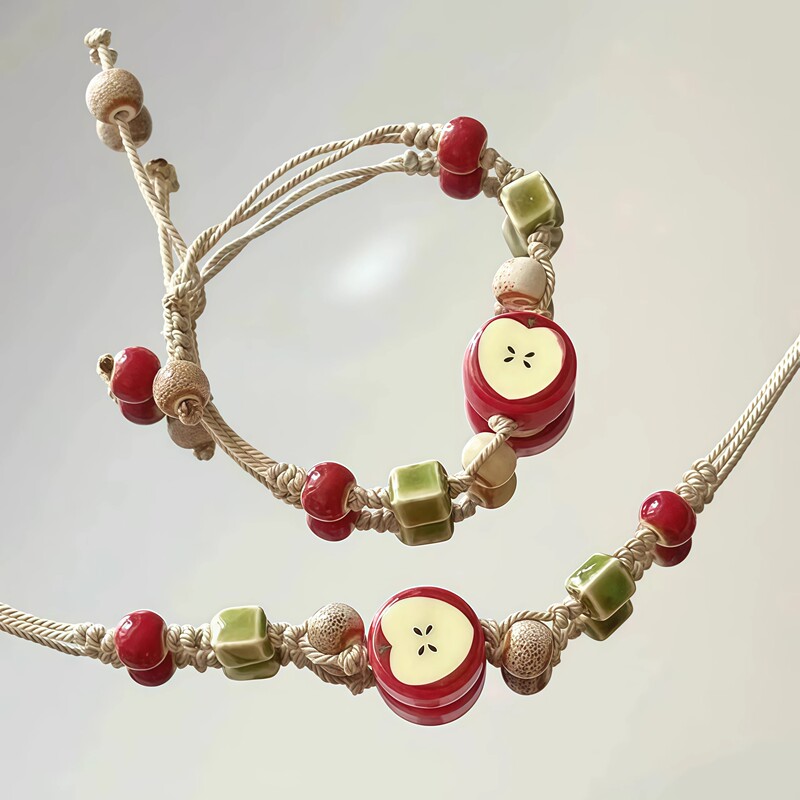 Ceramic Apple Beaded Woven Bracelet for Women, Niche Design, Exquisite and Versatile, Cute Bracelet, Best Friend Couple Hand Jewelry
