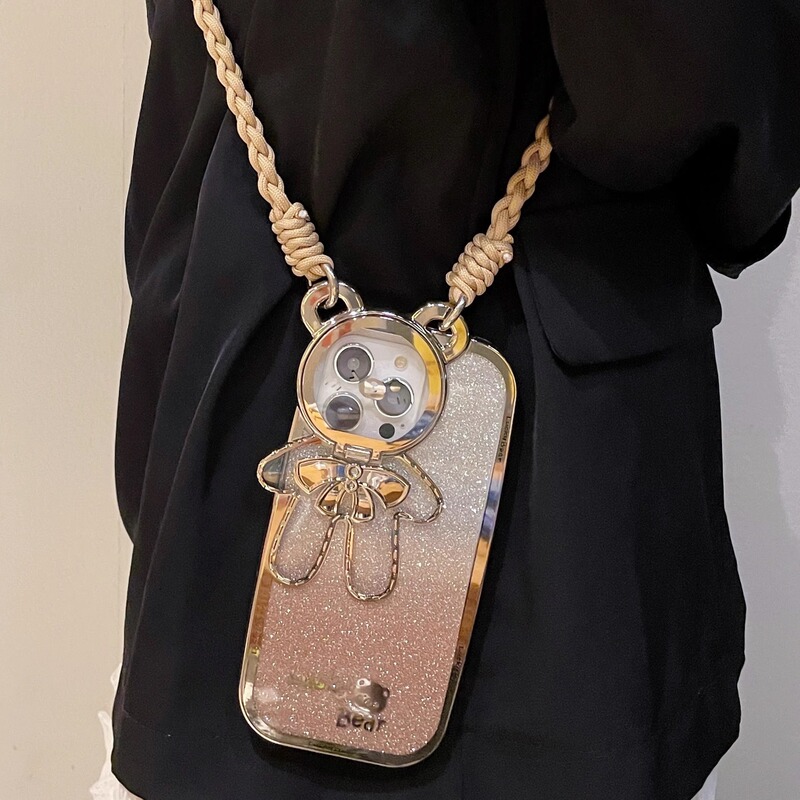 Cute Glitter Electroplated Bear Phone Case for iPhone 17 Pro, Suitable for Crossbody Wear, Compatible with Apple 16 Pro Max, Lens Stand for 12, New 2024 Model for Women, 13 Pro, 14 with Lanyard, Popular on Social Media, 8 Plus