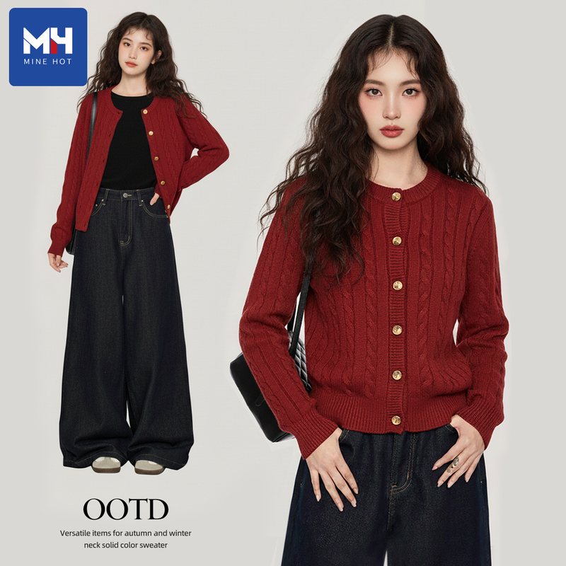 Tangshi Group Red Cardigan Sweater Jacket for Women 2026 New Winter Thickened Inner Knit Top X
