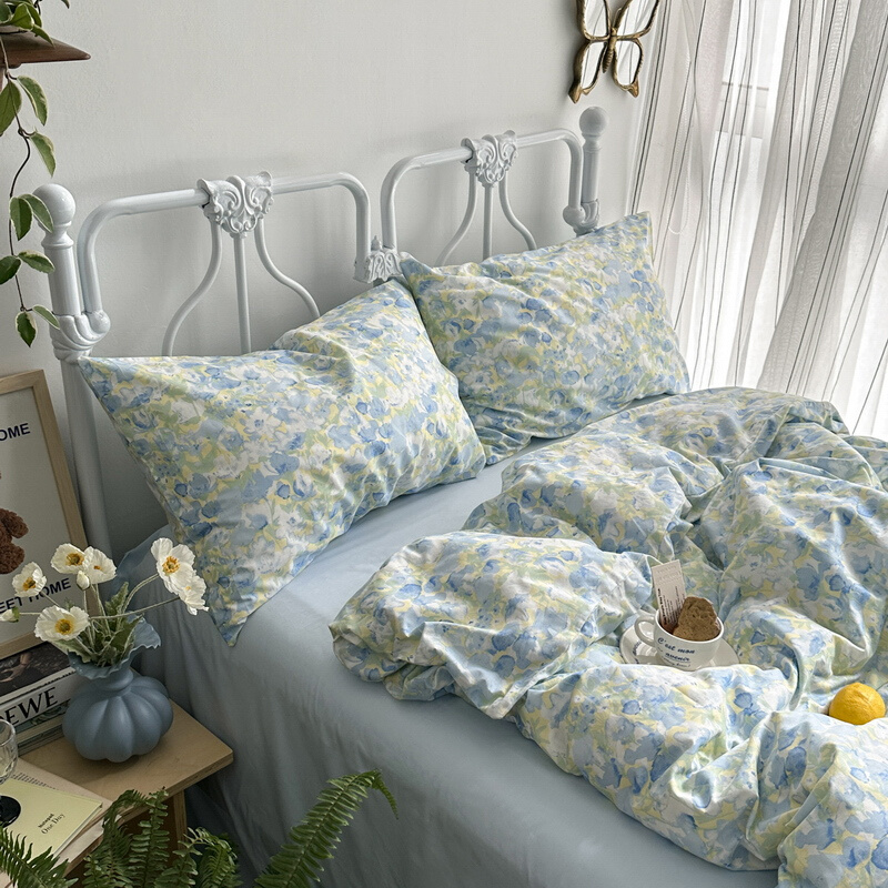 Hot selling and wine-blue watercolor small crushed flowers All cotton four sets of pure cotton linen bed Gasawara Bed with supplies Three sets of small-Taobao