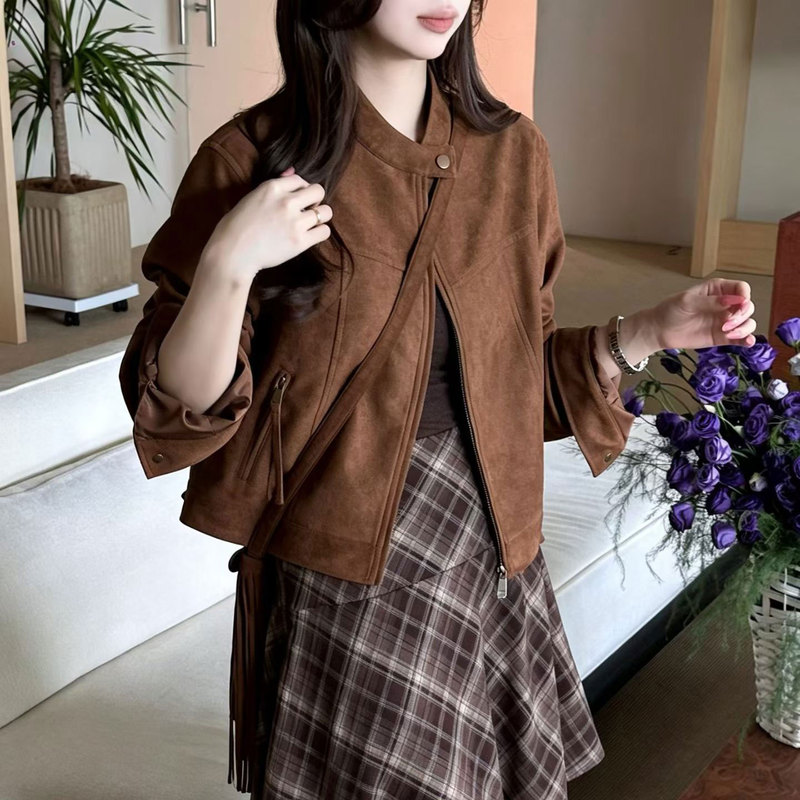 Retro Style Short Jacket for Women, Stand Collar, Loose Suede Jacket, Zipper, Slimming, Versatile Casual Jacket with Tassel Bag Retro Style Short Jacket for Women, Stand Collar, Loose Suede Jacket, Zipper, Slimming, Versatile Casual Jacket with Tassel Bag