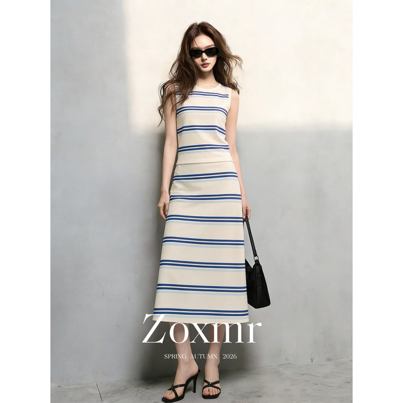Summer 2026 Super Trendy Outfit: a Set of Casual Blue Striped Sleeveless Vest and Skirt for Women for Beach Vacation