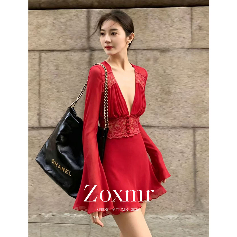 Beautiful and Unique Seaside Vacation Dress with a Sexy and Alluring Waist-Cinching Lace Patchwork, Red Deep V-Neck, and Bell Sleeves