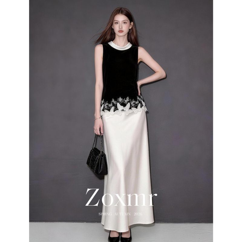 Outfit for Petite Women for Important Occasions: Black Butterfly Patchwork Velvet Vest and Satin Skirt Set for Women, Summer 2026 Outfit for Petite Women for Important Occasions: Black Butterfly Patchwork Velvet Vest and Satin Skirt Set for Women, Summer 2026