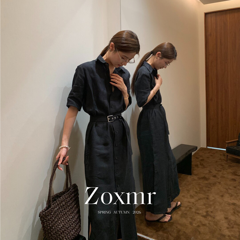 Old Money Style, Smart and Sophisticated Outfit, Elegant Workwear, Slimming Black Polo Collar Work Shirt, Short-Sleeved Dress for Women, Summer